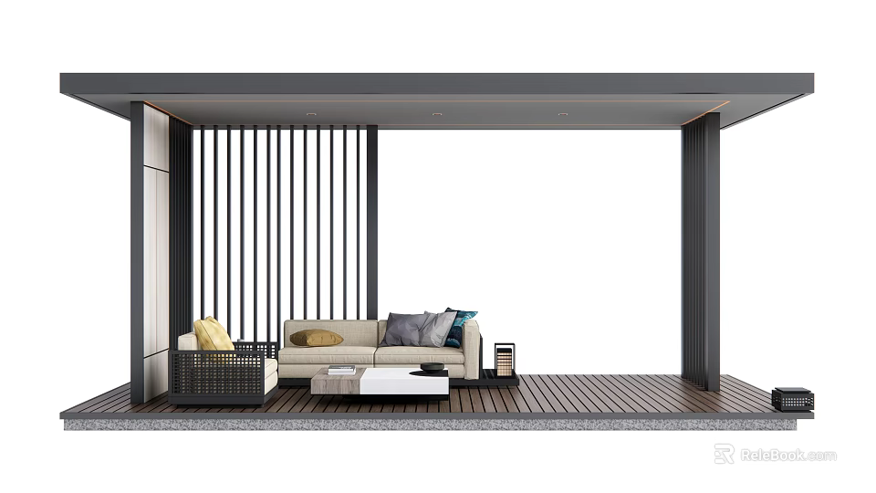 Modern Outdoor Pergola Featuring Sofa Coffee Table Wooden Flooring And Slatted Screen 3d model 