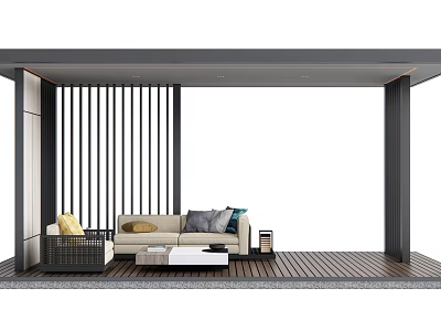 Modern Outdoor Pergola Featuring Sofa Coffee Table Wooden Flooring And Slatted Screen 3d model