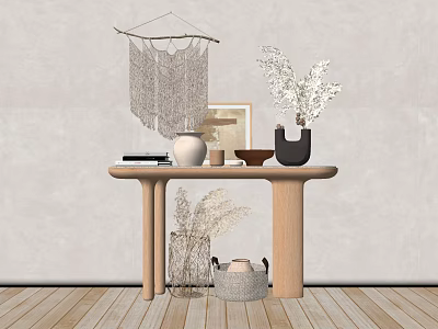 Minimalist Console Table with Macrame Hanging Vases Dried Flowers Artwork and Wicker Basket 3d model