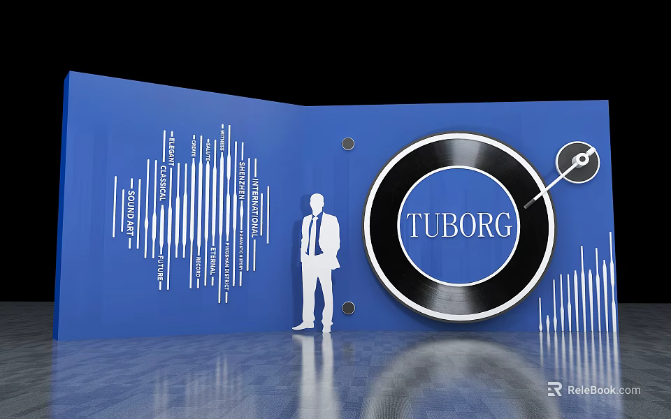 Blue Photo Spot With Vinyl Record TUBORG White Silhouette And Sound Wave Patterns 3d model 