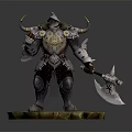 Fantasy Warrior Character Design with Horned Helmet Ornate Armor and Giant Axe on Stone Base