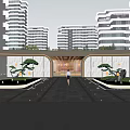 Modern Luxurious Entrance Gate With High Rise Building Water Fountain Green Plants And Car