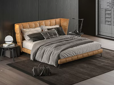 Modern Double Bed With Leather Headboard Gray Bedding Pillows Side Table Lamp And Dark Carpet In Bedroom 3d model