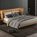 Modern Double Bed With Leather Headboard Gray Bedding Pillows Side Table Lamp And Dark Carpet In Bedroom