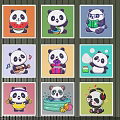 Cute Panda Cartoon Wall Decor with Colorful Frames and Diverse Activities 3d model