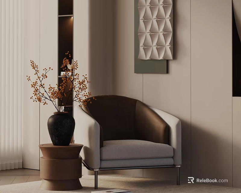 Elegant Leather And Fabric Lounge Chair With Decorative Vase Geometric Wall Art And Side Table 3d model 