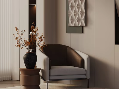 Elegant Leather And Fabric Lounge Chair With Decorative Vase Geometric Wall Art And Side Table 3d model