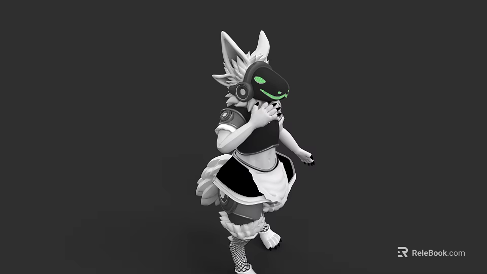 Fox Eared Anime Character 3D Model In Maid Outfit With Green Eyes And Black Mask 3d model 