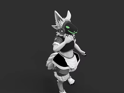 Fox Eared Anime Character 3D Model In Maid Outfit With Green Eyes And Black Mask 3d model