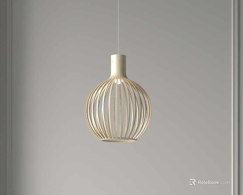 Wooden Spherical Pendant Light With Slender Strips Hanging Against Gray Wall 3d model 