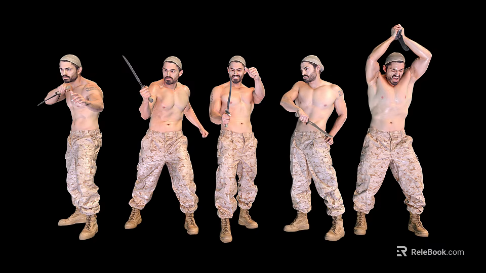 Shirtless Man In Camouflage Pants Showing Military Actions 3d model 