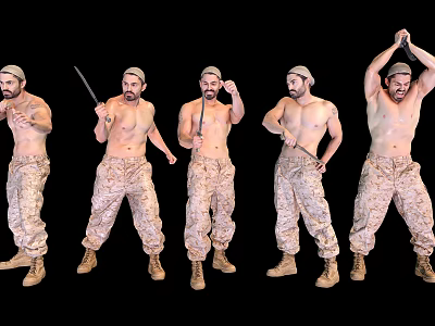 Shirtless Man In Camouflage Pants Showing Military Actions 3d model