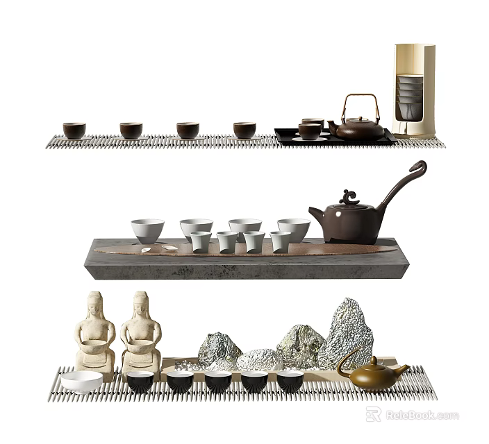Traditional Tea Set with Ceramic Teapot Teacups Wooden Tray and Stone Decorations 3d model 