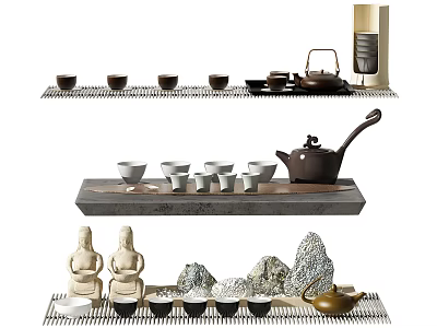 Traditional Tea Set with Ceramic Teapot Teacups Wooden Tray and Stone Decorations 3d model