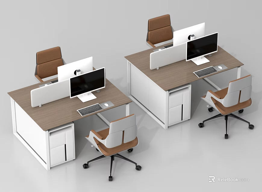Modern Office Desks With Wooden Top White Cabinets Computer Monitors Dividers And Wheeled Chairs 3d model 