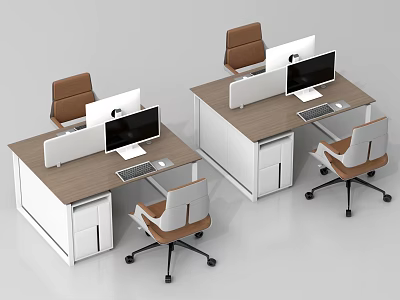 Modern Office Desks With Wooden Top White Cabinets Computer Monitors Dividers And Wheeled Chairs 3d model
