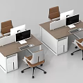 Modern Office Desks With Wooden Top White Cabinets Computer Monitors Dividers And Wheeled Chairs