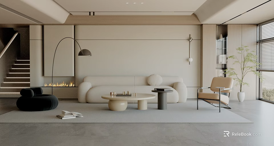 Minimalist Modern Living Room Interior with Beige Sofa Round Coffee Tables Floor Lamp and Fireplace 3d model 