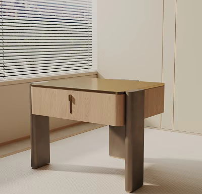 Modern Wooden Bedside Table With Drawer Storage And Metal Legs For Minimalist Bedroom 3d model