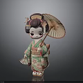 Japanese Geisha Doll Figure With Traditional Hairstyle Cherry Blossom Kimono And Bamboo Umbrella