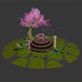 Small Garden Landscape Design With Circular Stone Platform Red Fountain And Purple Flowering Tree