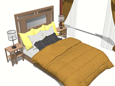 Double Bed With Wooden Headboard Yellow Quilt Pillows Gray Cushion And Nightstand Table Lamps 3d model