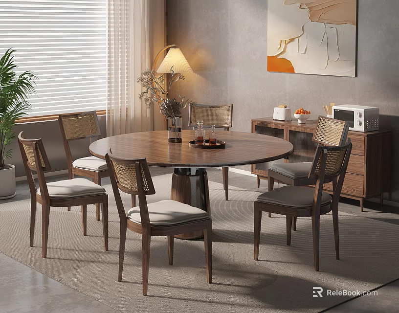 Modern Round Wooden Dining Table Set With Wicker Chairs And Side Cabinet 3d model 