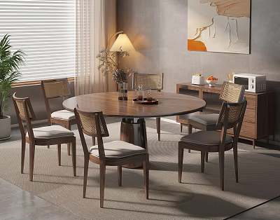 Modern Round Wooden Dining Table Set With Wicker Chairs And Side Cabinet 3d model
