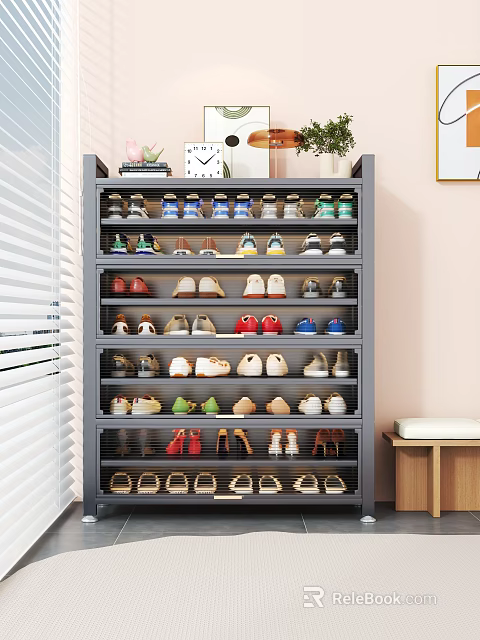 Modern Large Capacity Multi Tier Grey Shoe Cabinet For Household Footwear Neat Storage Organization 3d model 
