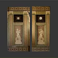 Symmetric Decorative Furniture Cabinets Featuring Figural Relief Geometric Patterns Circular Motifs And Golden Brown Tones