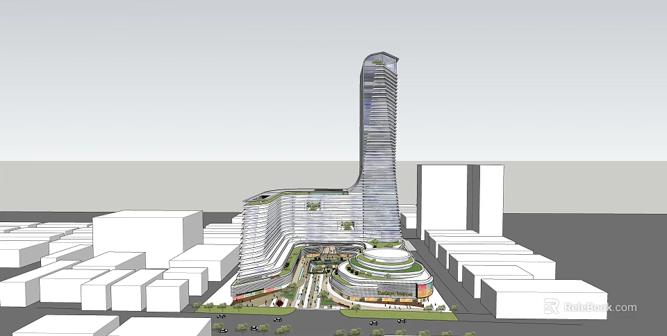 Modern High Rise Office Building With Unique Architectural Design Open Plaza And Greenery 3d model 