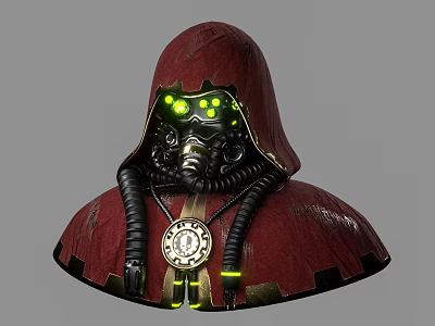 Headpiece Featuring Red Hooded Cloak Green Glowing Eyes Breathing Mask Circular Badge And Black Tubes 3d model