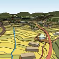Scenic Rural Landscape With Rolling Hills Winding River And Scattered Houses