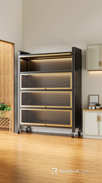Decorative Ornament Combination With Black Storage Cabinet Golden Borders And Wooden Wall Panel 3d model 