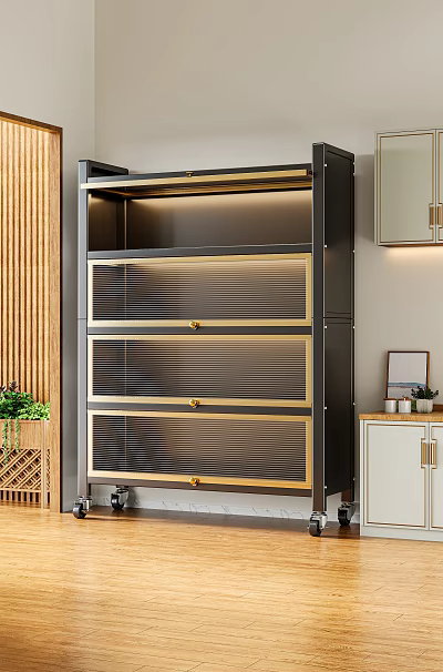 Decorative Ornament Combination With Black Storage Cabinet Golden Borders And Wooden Wall Panel 3d model