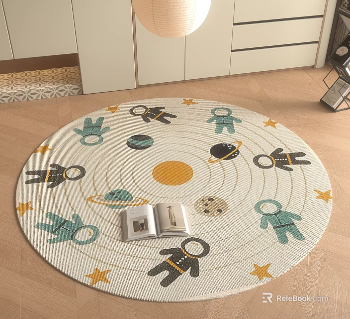 Round Kids Space Rug With Astronauts Planets Sun Stars And Book 3d model 