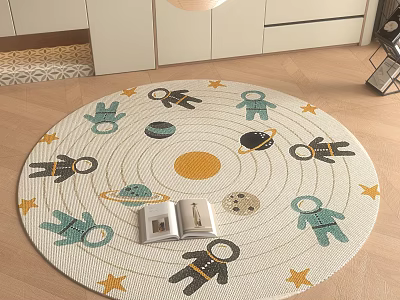 Round Kids Space Rug With Astronauts Planets Sun Stars And Book 3d model