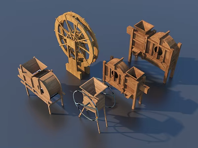 Traditional Handmade Wooden Household Essentials With Cart Wheel And Storage Units 3d model
