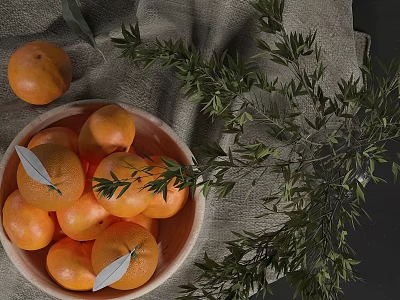 Fresh Oranges in Wooden Bowl on Linen Cloth with Green Leaves 3d model