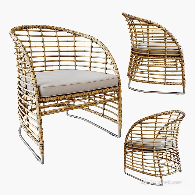 Modern Rattan Single Chair With Light Gray Cushion And Metal Legs 3d model 