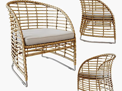 Modern Rattan Single Chair With Light Gray Cushion And Metal Legs 3d model