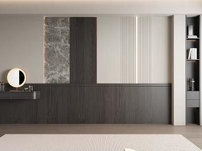 Modern Accent Wall with Marble Dark Wood Striped Design in Minimalist Bathroom Vanity and Mirror 3d model