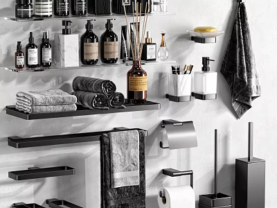 Modern Bathroom Accessories With Towels Shelves Bottles Towel Rack And Toilet Paper Holder 3d model