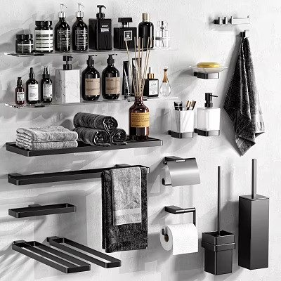 Modern Bathroom Accessories With Towels Shelves Bottles Towel Rack And Toilet Paper Holder 3d model