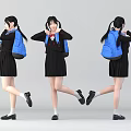 A woman in black uniform with red bow tie and double ponytail carrying blue backpack