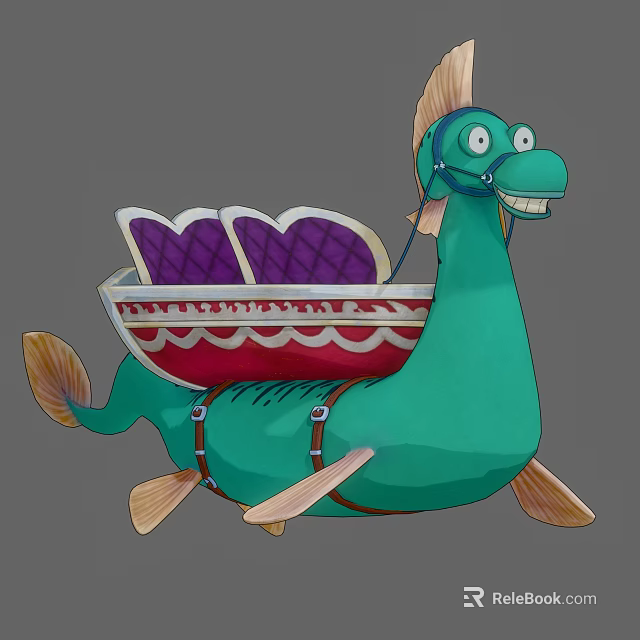Friendly Green Dragon Mount Character With Purple Seat And Wooden Paddle Feet 3d model 