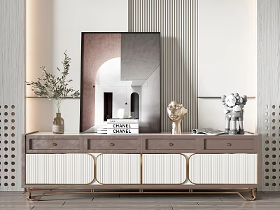 Elegant Modern TV Stand with Drawers Cabinets Metal Legs and Decorative Vase Books Sculpture 3d model