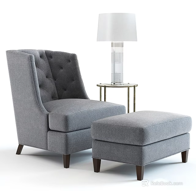 Gray Upholstered Accent Chair with Ottoman and Side Table Lamp 3d model