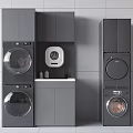 Modern Stacked Washer And Dryer With Gray Cabinets In Laundry Room