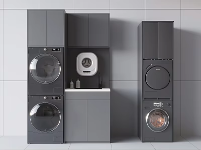 Modern Stacked Washer And Dryer With Gray Cabinets In Laundry Room 3d model
